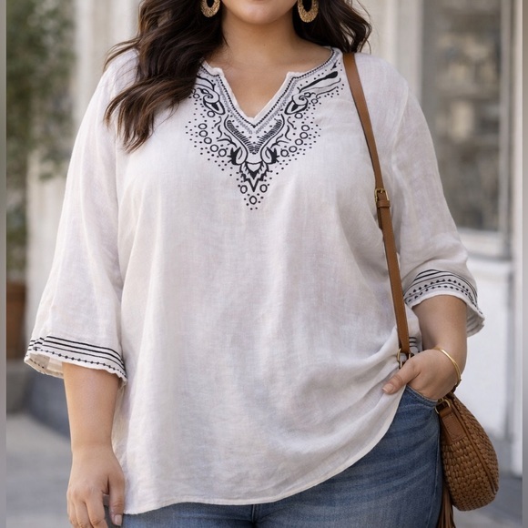 Marisa Christina Tops - Marisa Christina White black embroidered Linen Shirt 2X​​ light weight sustain​